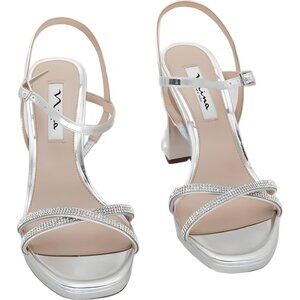 Nina Steven Rhinestone Platform Block Heel Dress Sandals Silver US 8M EU 38